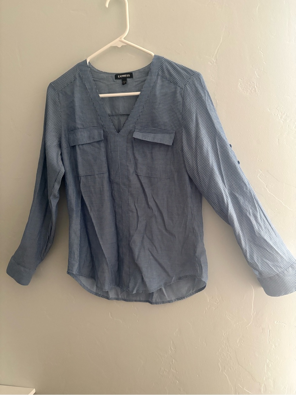 Express Blue Micro-Pattern V-Neck Blouse - Size S